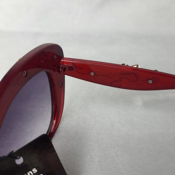 Statement Floral Embellished Cat-Eye Sunglasses Black Frame Red Gold Accents - Picture 5 of 10